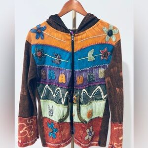 Vintage Patchwork Zip Front Hoodie – Nepal Boho Style